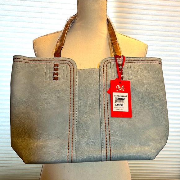 Montana West Top Handle Vegan Leather Tote Bag, NWT, Lt. Blue - Picture 2 of 10